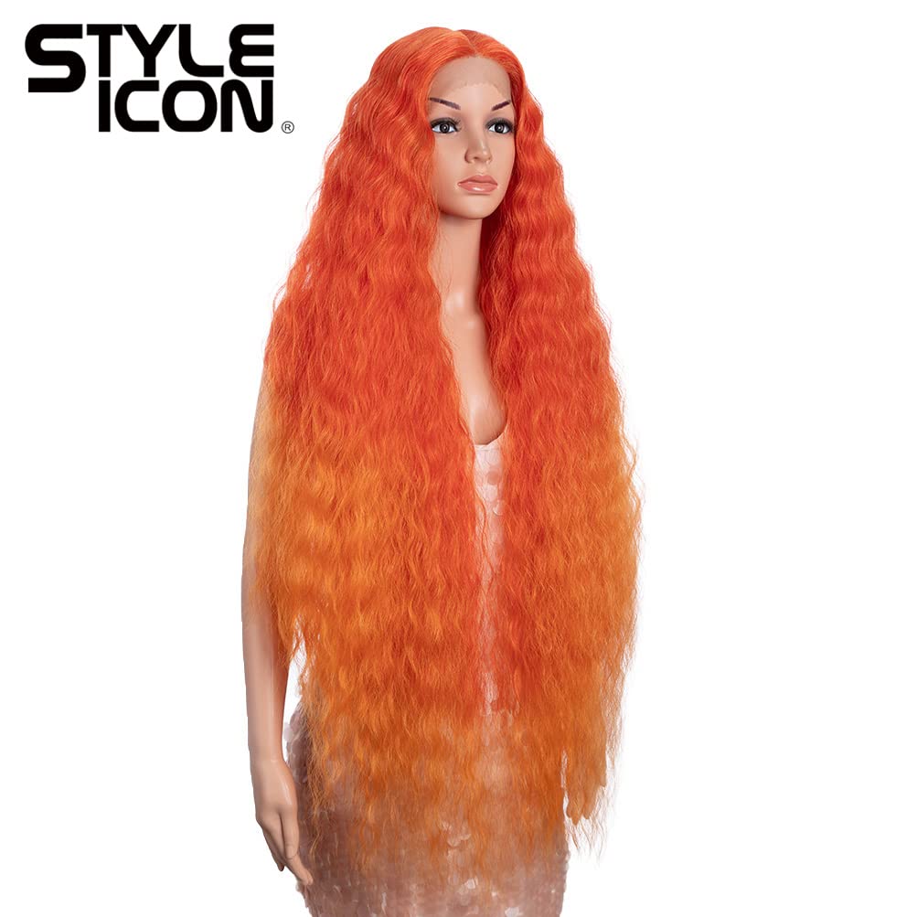 Style Icon 41" Lace Front Wigs Long Wavy Synthetic Wigs with Baby Hair Half Hand Tied 130% Density Wigs (41", T-RED/ORANGE)