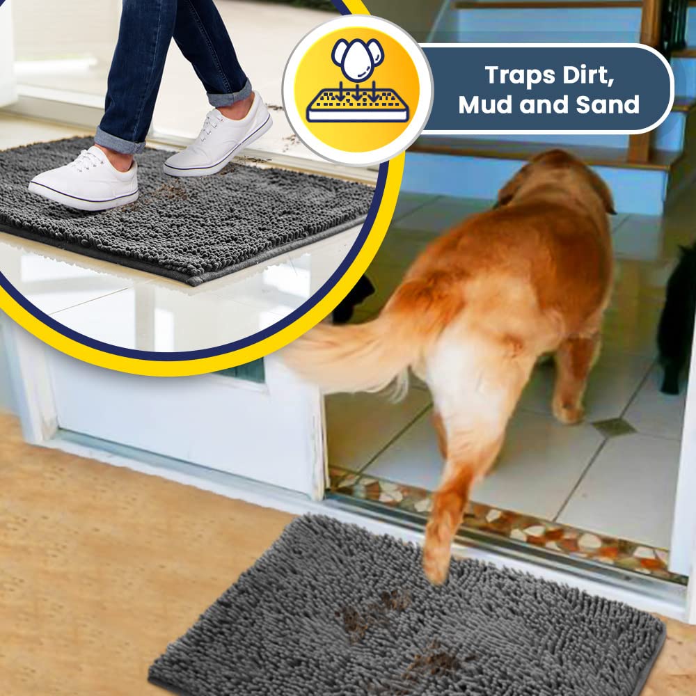 Muddy Mat® AS-SEEN-ON-TV Highly Absorbent Microfiber Door Mat and Pet Rug, Non Slip Thick Washable Area and Bath Mat Soft Chenille for Kitchen Bathroom Bedroom Indoor and Outdoor - Grey Large 35"X24"