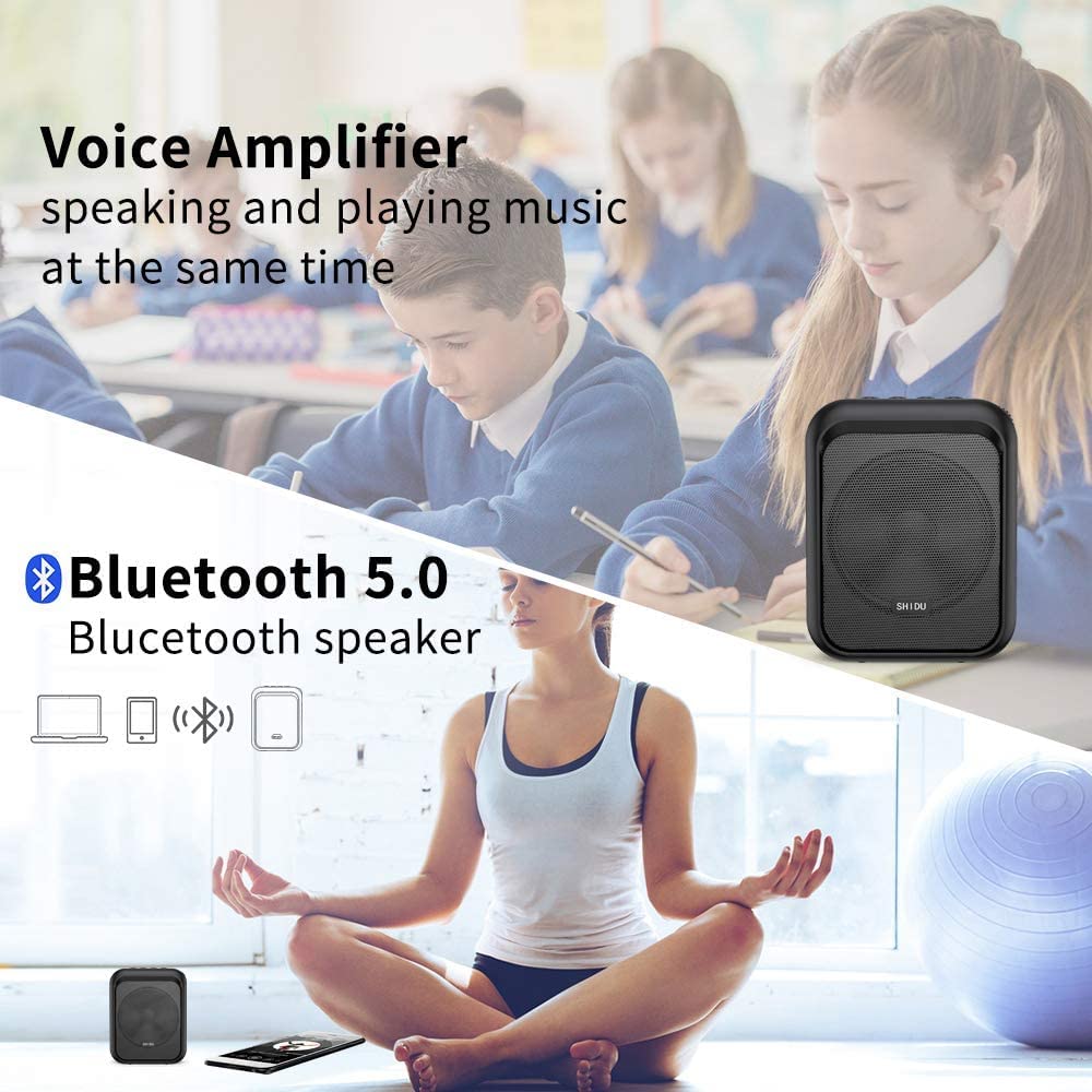 SHIDU Mini Voice Amplifier Portable Rechargeable Bluetooth Speaker with Wired Microphone Headset 10W 1800mAh PA system Supports MP3 Format Audio for Teachers, Coaches, Training, Tour Guide