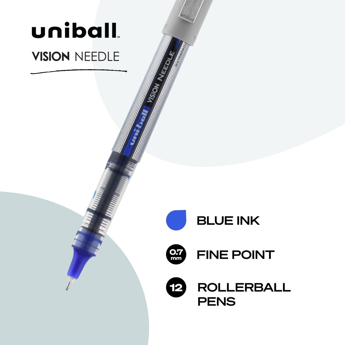 uni-ball VISION NEEDLE Rollerball, Stick Roller Ball Pen Fine-0.7mm, 12 Pack, Blue Ink (1734904)