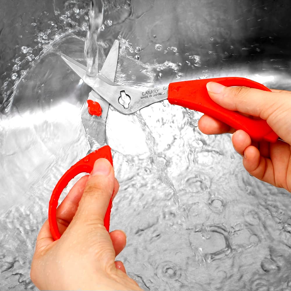 CANARY Japanese Kitchen Shears with Cutter 7.5" Offset Angled Blade, Made in Japan, Dishwasher Safe Come Apart Blade, All-Purpose Detachable Kitchen Scissors, Rust Proof Japanese Stainless Steel, Red