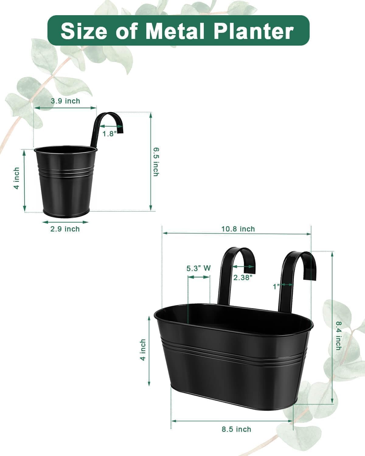 Black Metal Railing Planter for Outdoor Plants - 10 Pack Balcony Hanging Planter Box with Detachable Hooks and Drain Holes Oval Hanging Pots Fence Planters for Railing Garden Fence (11 & 4 Inch)