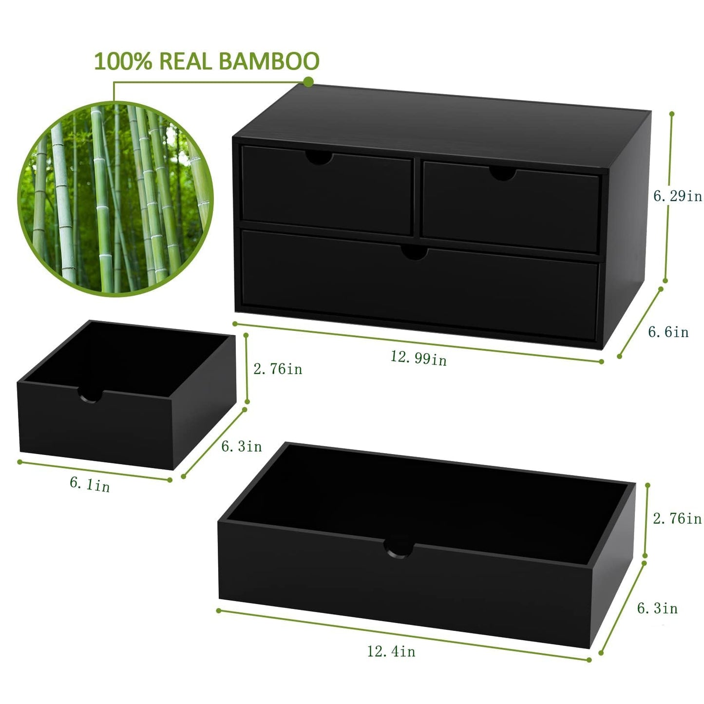 Wisuce Black Bamboo Desk Drawer Organizer, Mail Organizer Storage for Bills, Office Supplies, Cosmetics, Seals, Kitchen Utensils, No Assembly Required