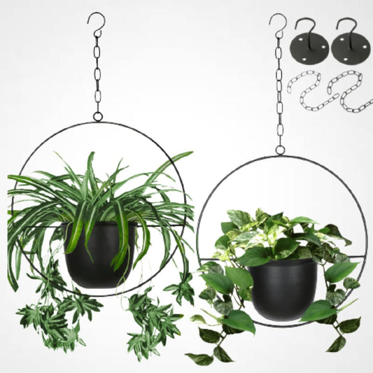 2 Pack Shineloa Boho Metal Hanging Planters with 6" Pot (Detachable) + Hook + Chain | Hanging Planters Indoor, Modern Wall & Ceiling Planters, Mid Century Planter for Indoor & Outdoor, NO Plant incld
