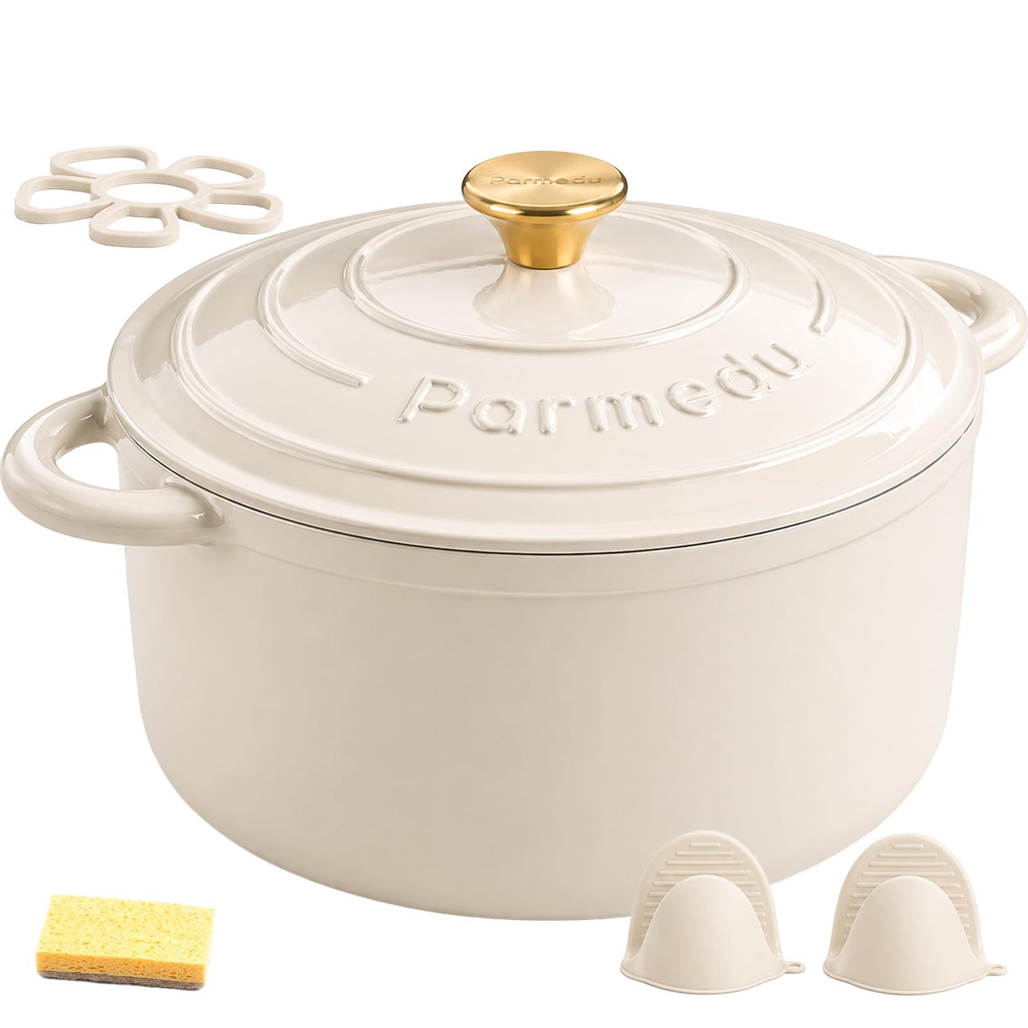 Parmedu 5.5QT Enameled Cast Iron Dutch Oven with Lid, Cream White Heavy Duty Pot for Sourdough, Bread Baking, Soup, Stews & Roasting with Recipe, Heat-Resistant Grips, Potholder, Cleaning Sponge