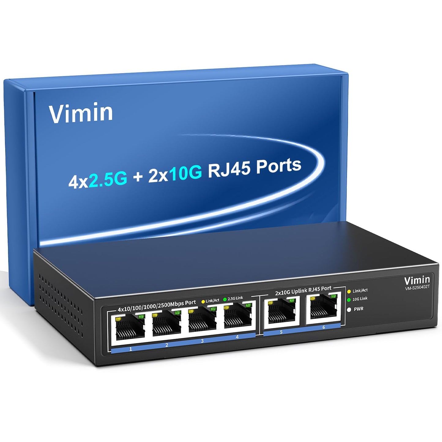 6-Port 10G/2.5G Ethernet Switch with Dual 10GBASE-T, Vimin 4X 2.5G +2 x 10Gb RJ45 Ports Unmanaged Switch, 60Gbps Capacity, 10G Switch Desktop/Wall Mount Network Switch for NAS, PC, Wireless AP