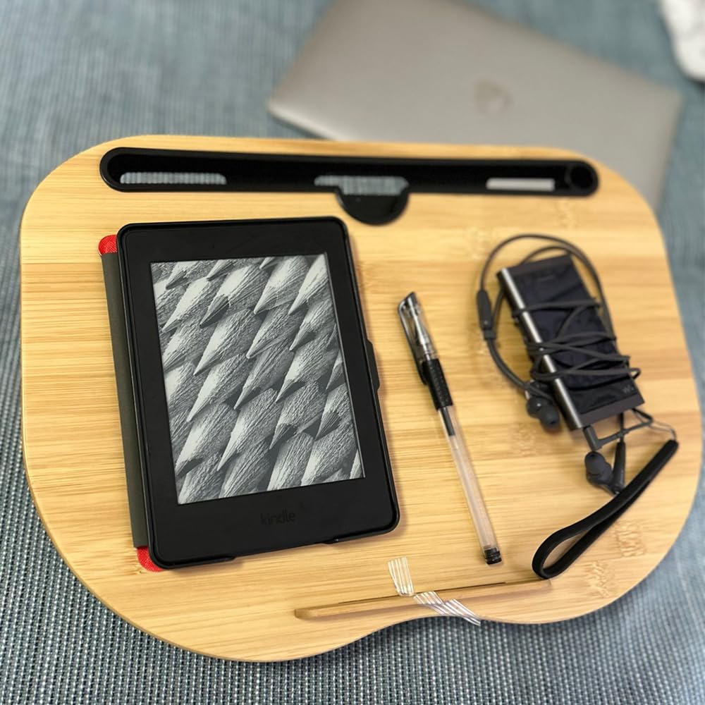 SKYZONAL Lap Desk, Laptop Lap Bamboo Desks with Anti-Slip Stopper Removable Pillow Cushion Cover, Right Left Mouse Pad and Wrist Pad, Tablet Phone Holder for Bed Sofa Couch Floor