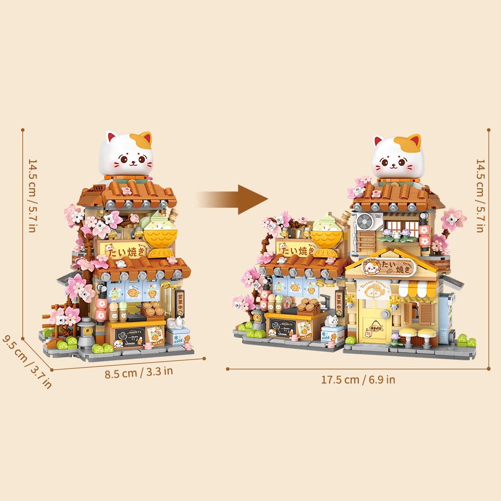 Lucky Cat Building Set,Openable Taiyaki Shop 923PCS Mini Brick Building Toy for Boys Girls Age 8+