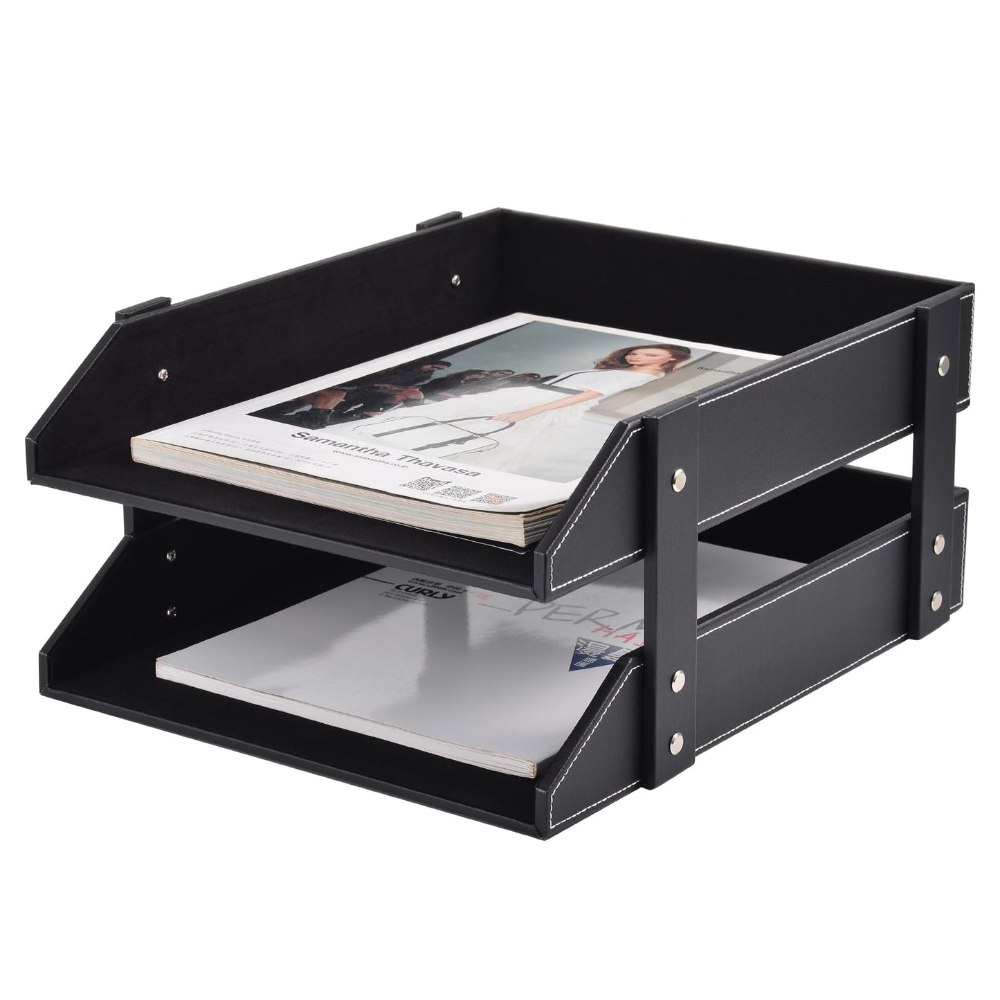 Leather Desk File Supply Organizer,Stackable Office File Document Tray for Files, Folder, Stationery, Magazine, Newspaper, Mail, Home Sundries Desktop Organization Holder,Black