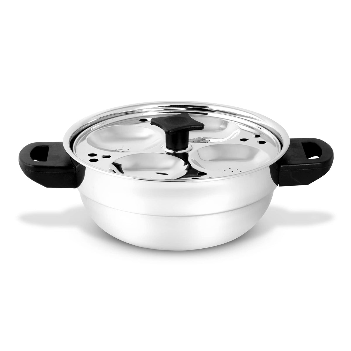 KSJONE Stainless Steel 4 pcs Multi Kadai (Induction Friendly) with Stainless Steel lid, 2 idli Plates (8 Idlis), 1 patra Plate, Silver