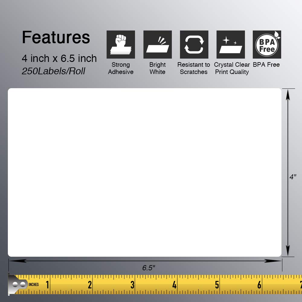 BETCKEY - 4" x 6.5" (102 mm x 165 mm) Large Shipping Labels & Multipurpose Compatible with Zebra & Rollo Label Printer,Premium Adhesive & Perforated [6 Rolls, 1500 Labels]