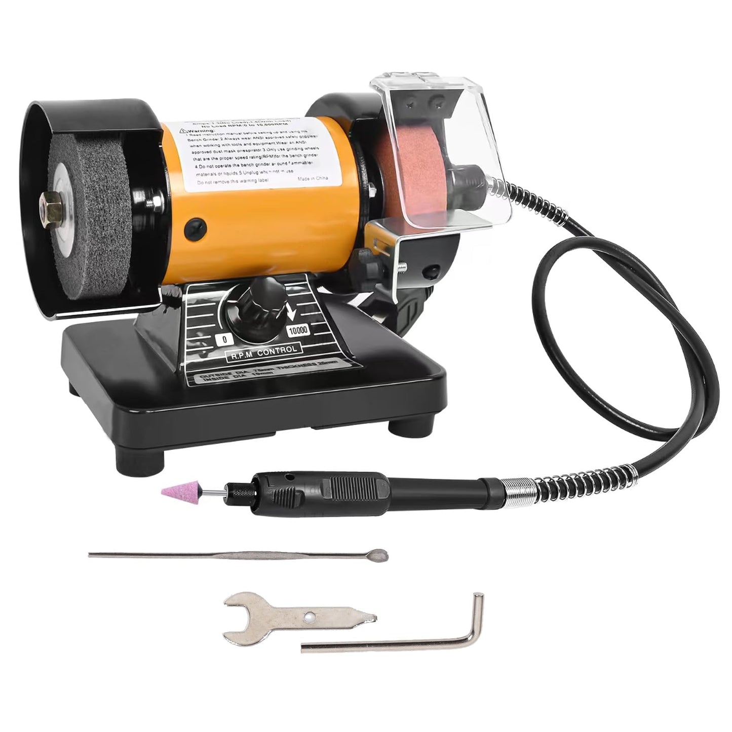 Vevitts Mini Multi Purpose 3" Bench Grinder and Polisher with Tool Rest and Safety Guard, 31" Long Flexible Shaft, Variable Speed Dial 0-10000 RPM, 110V 150W