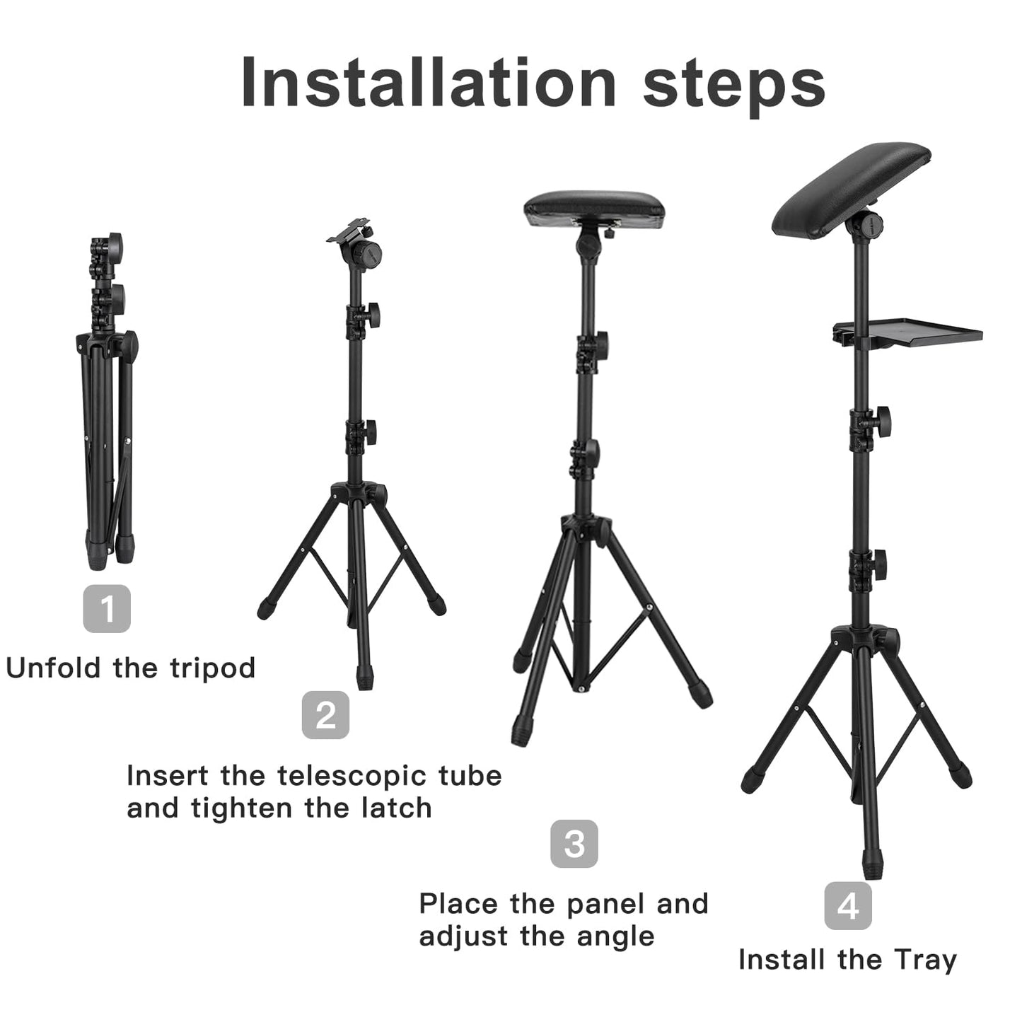 BONTOP Tattoo Arm Rest Stand with Tray, PU Leather Sponge Covers 50PCS, Waterproof, Square, Foldable, Sponge Pad, Tripod, Adjustable Height and Tilt, Arm Bar Pad