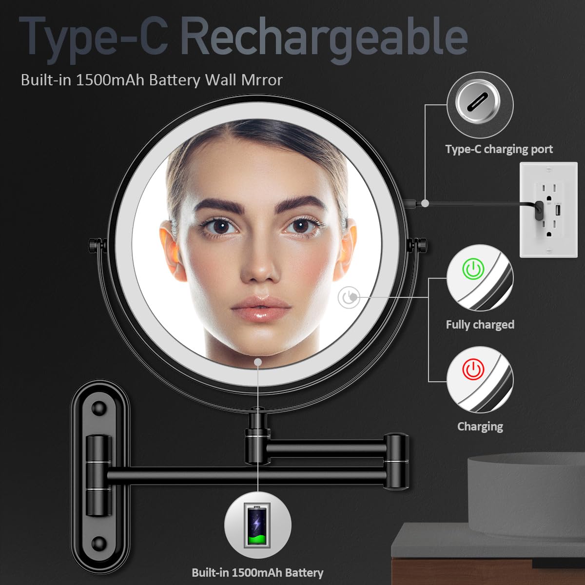 Rocollos Rechargeable Lighted Wall Mounted Makeup Mirror with 3 Color Lights,Dimmable Touch Screen,8 Inch LED Double Sided 1X/10X Magnifying 360°Flexible 13 Inch Retractable