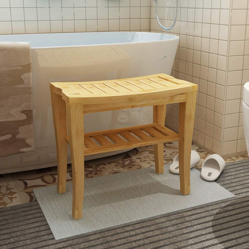 SogesGame Bamboo Shower Bench Stool with Shelf 2-Tier Wood Storage & Seating for Bathroom, Shower Bench Waterproof Chair, Bath Stool, Spa Sauna Seat,KS-HSJ-04-S8-CA