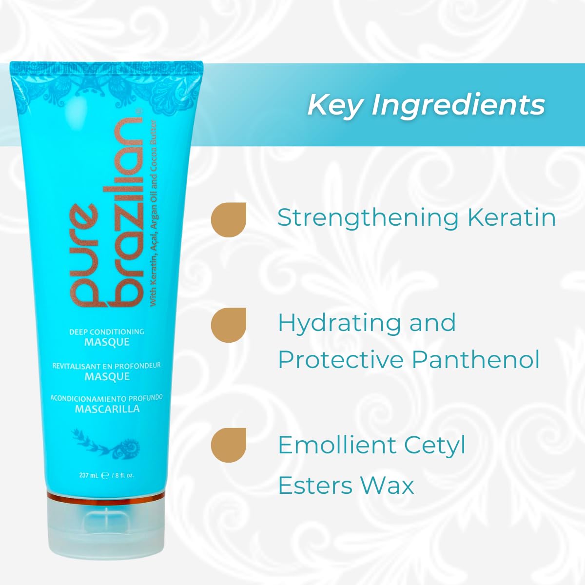 Pure Brazilian Deep Conditioning Masque with Brazilian Keratin, Acai & Arginine, Deep Conditioner Hair Treatment, 8 Fl Oz