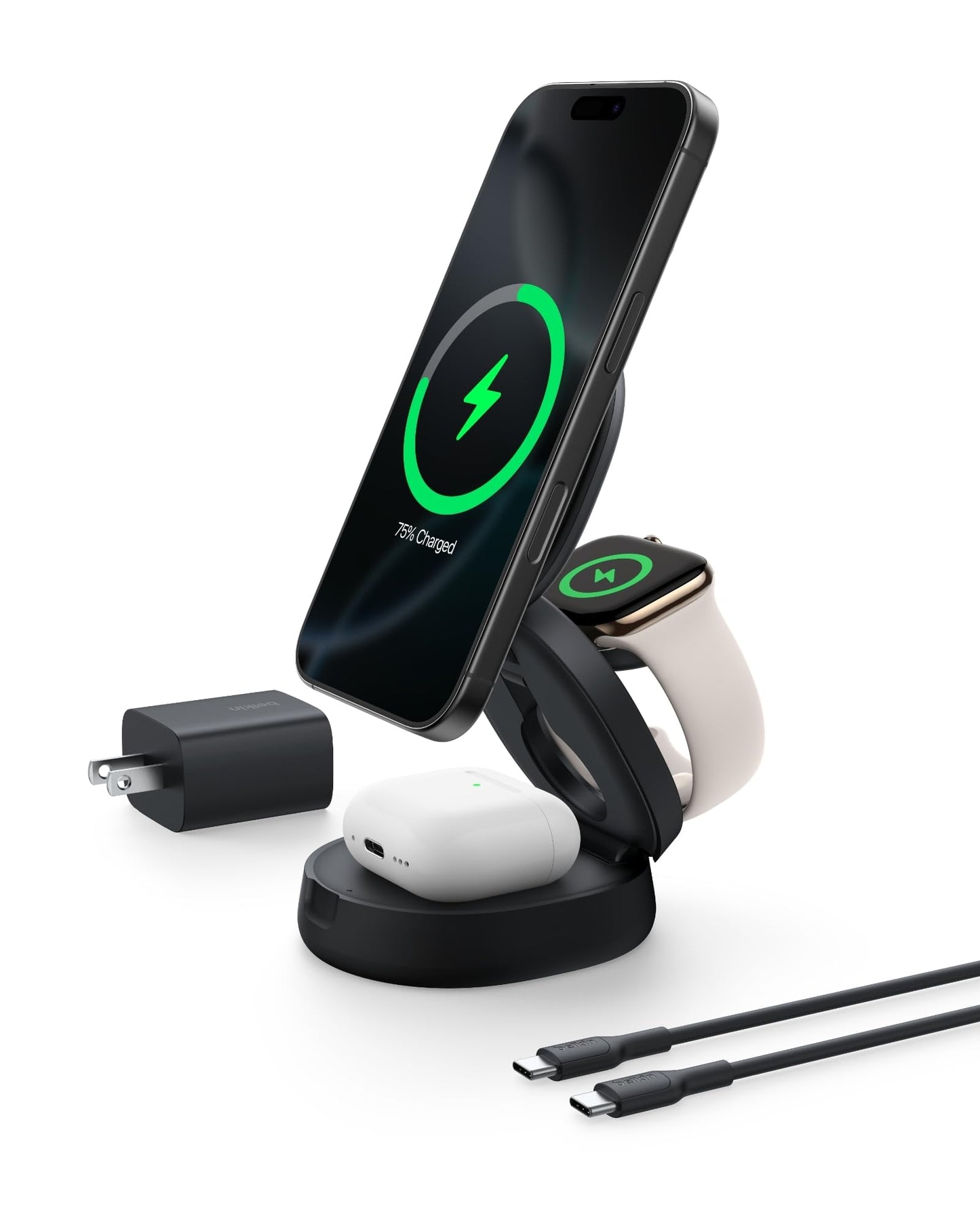 Belkin MagSafe Charger Compatible, 3-in-1 Qi2 Wireless Charging Station 15W, Convertible Wireless Charger for iPhone 17, Apple Watch, AirPods, Portable Phone Stand for Travel w/ 36W Adapter - Black