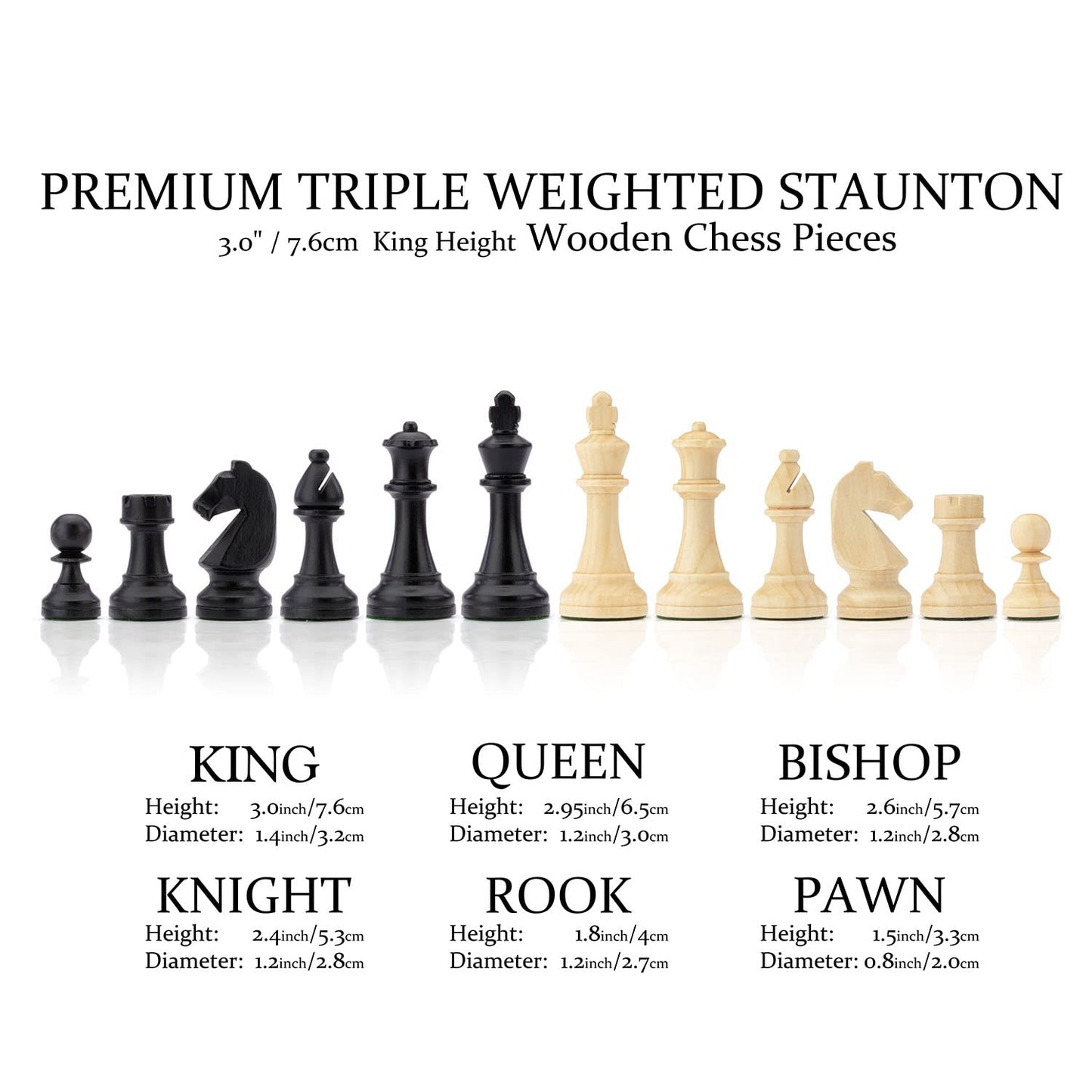 A&A Premium Triple Weighted Staunton Wooden Chess Pieces w/ 2 Extra Queen - King Height 3" / 7.6cm