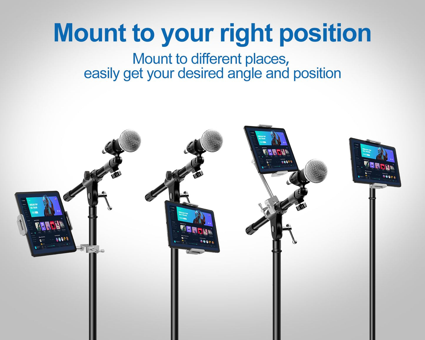 elitehood Aluminum iPad Holder for Mic Stand, Side Mount iPad Music Stand Holder for Microphone, 360° Swivel Tilt Adjustable Mic Tablet Mount for 4-13in iPhone, Cell Phones and Tablets, Sliver