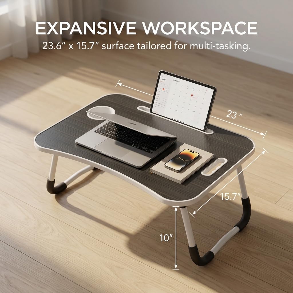BUYIFY Folding Lap Desk, 23 Inch Portable Wood Black Laptop Bed Desk Lap Desk with Cup Holder, for Working Reading Writing, Eating, Watching Movies for Bed Sofa Couch Floor-XRP1