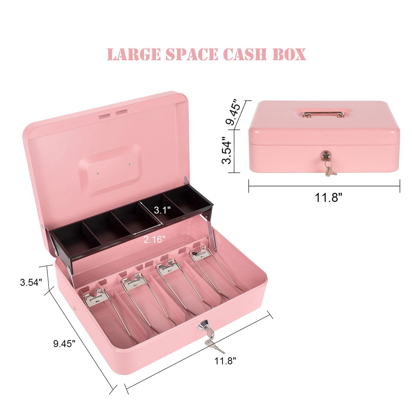 Cash Box with Lock and Money Tray, Metal Money Box with Key and Coin Crate, Cash Register Lock Box for Money Pink 11.8 x 9.4 x 3.54 Inches XL Large