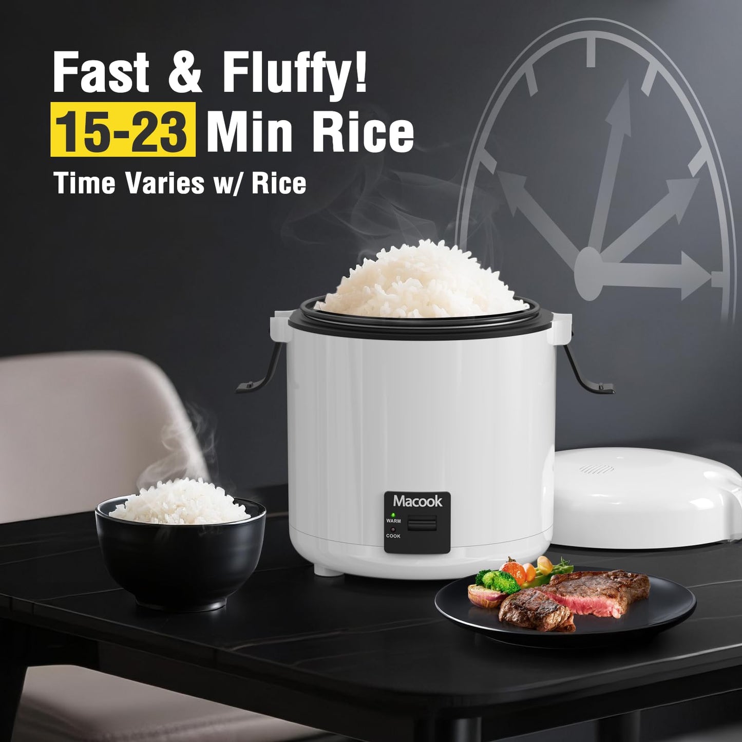 Macook Rice Cooker Small, 3-Cup Cooked (1.5 Cup Uncooked) Mini Rice Maker with Bento Box & Nonstick Pot - for Grains, Soup, Oatmeal, Keep Warm, Black
