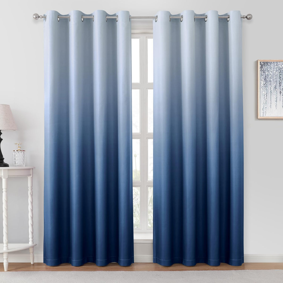 HOMEIDEAS Navy Blue Ombre Blackout Curtains 52 X 84 Inch Length Gradient Room Darkening Thermal Insulated Energy Saving Grommet 2 Panels Window Drapes for Living Room/Bedroom