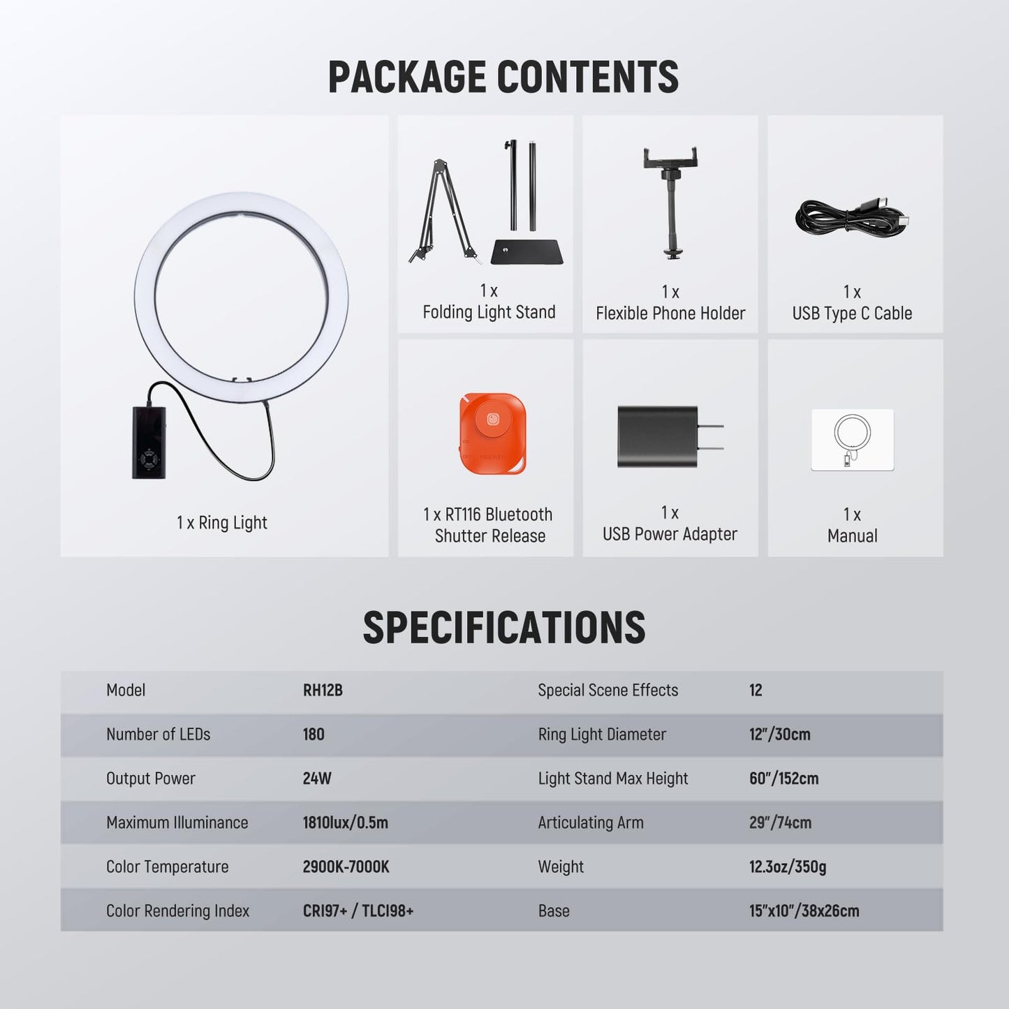 NEEWER 12" 24W High Power LED Ring Light Compatible with iPhone, 60" Overhead Folding Light Stand/Phone Holder Mount for Video Recording Selfie Makeup Streaming, 2900-7000K USB C PD Input CRI97+, RH12