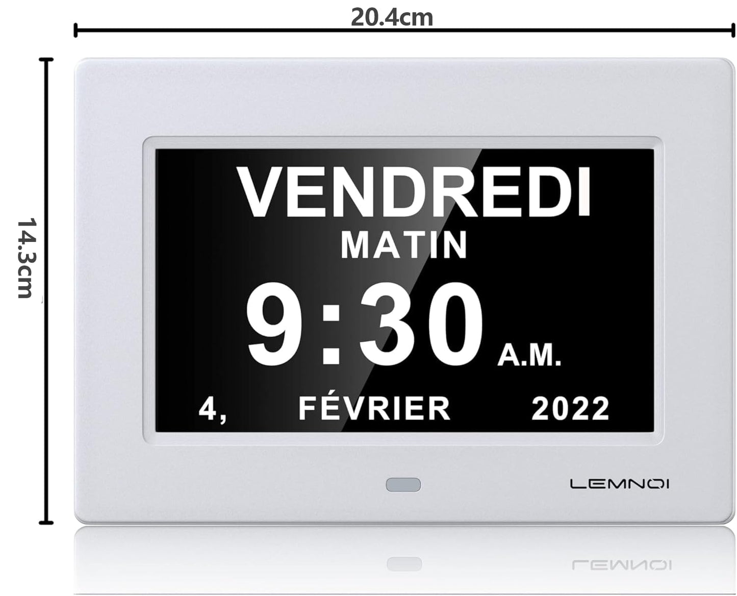 Lemnoi 7'' LCD Digital Day Clock Calendar with Date/Day/Time, 8 Languages Auto-Dimming Digital Clock with 12 Programmable Alarms, Reminders Clock for Alzheimer Elderly & Child (White)