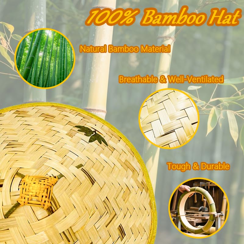 8Pcs Traditional Asian Rice Bamboo Straw Hats 17" Chinese-Vietnamese Style Unisex Outdoor Sun Hats Yellow