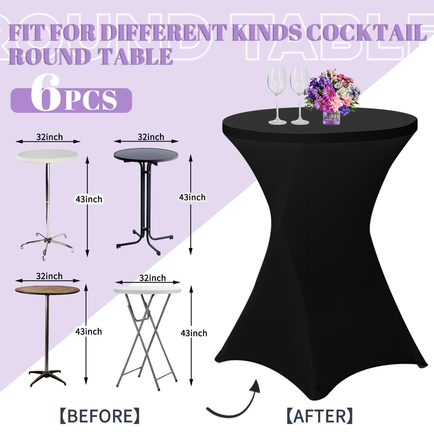 6 Pack 32x43 Inch Spandex Cocktail Table Covers, High Top Table Cloths, Fitted Highboy Stretch Cocktail Tablecloth for Round Tables, Stretch Table Cover for Party, Bar, Wedding, Banquet(Black)
