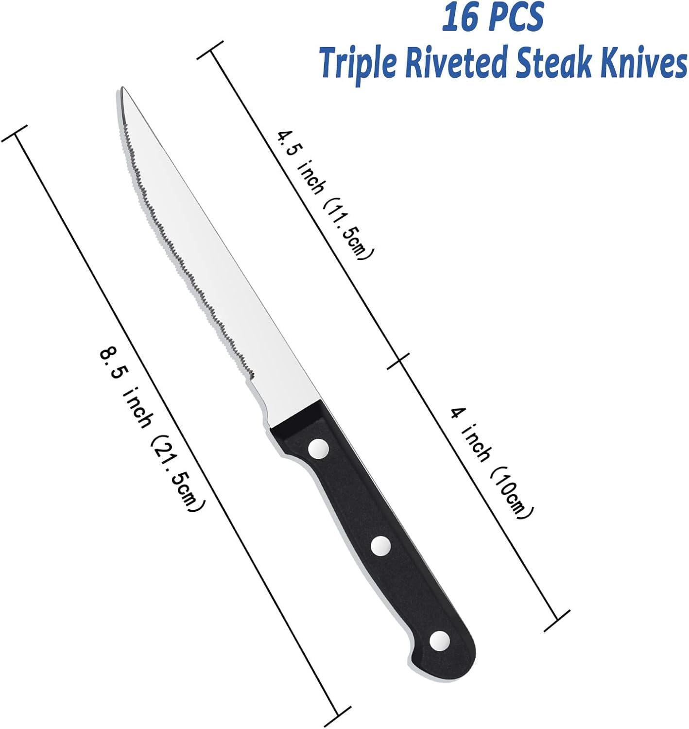 BEWOS Steak Knives Set of 16, Triple Rivet Steak Knife Set, Stainless Steel Serrated Blade(4.5”), Sharp Knives with Comfortable Handle, kitchen knife, Dishwasher Safe, Knife Set For Home or Restaurant