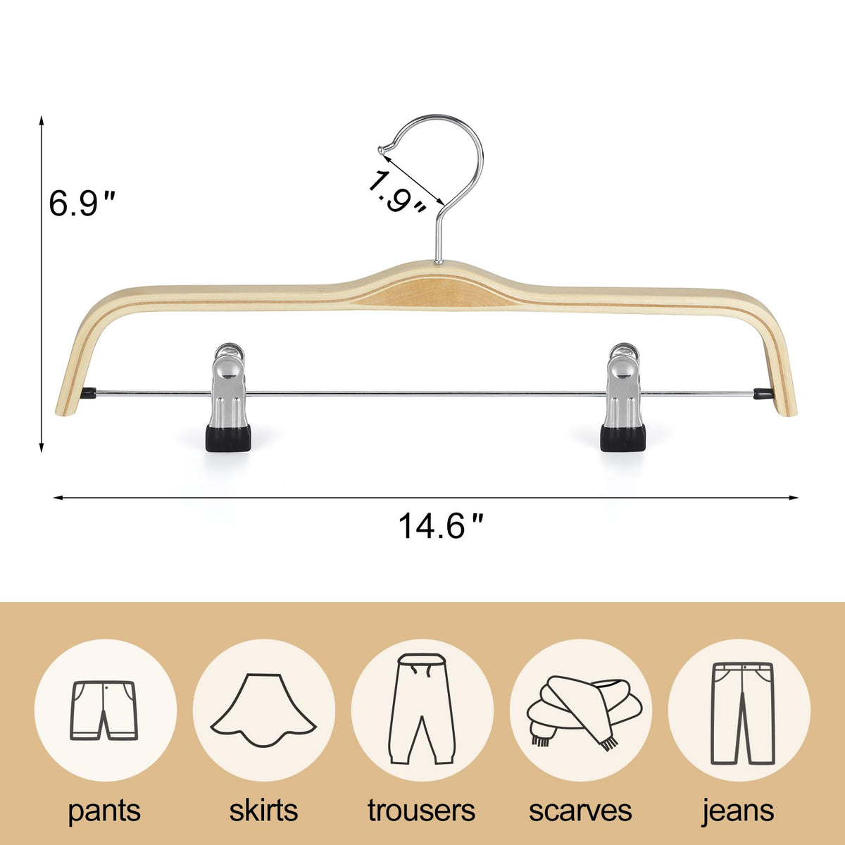 TOPIA HANGER Wooden Pants Hangers,Slim Natural Wood Skirt Hangers with Anti-Rust Hook and Adjustable Metal Clips, Perfect for Skirts, Pants, Slacks-20 Pack-CT17N20