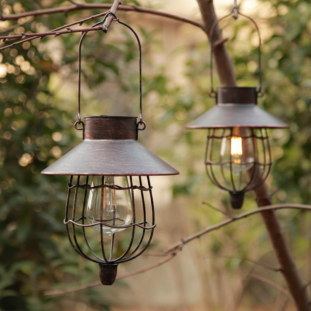 YAKii 2 Pack Solar Lantern Hanging WaterprootOutdoor Metal Solar Lamp with Warm White LightDecorate for Yard Garden Pathway Patio PorchDecor (Antique Copper)