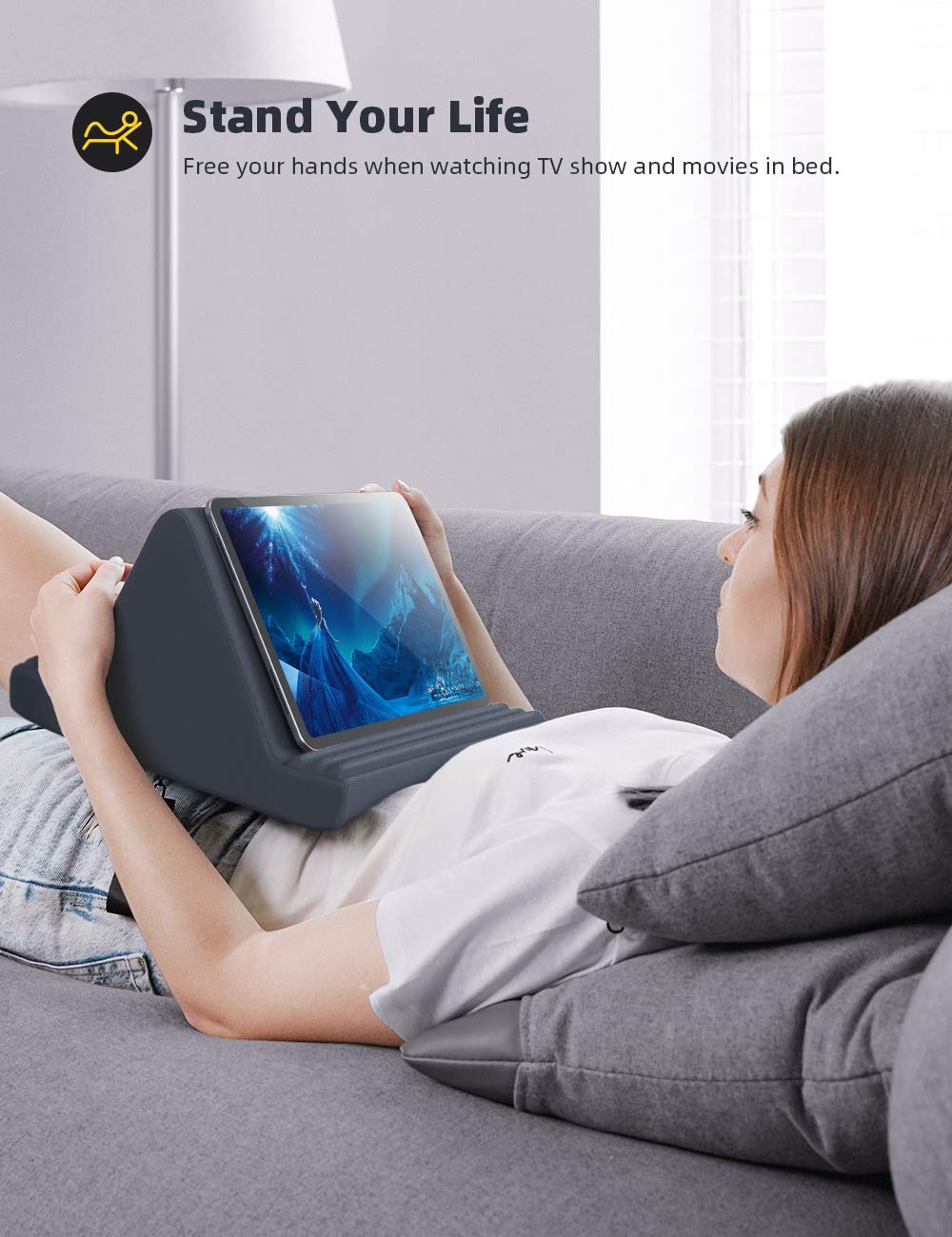 Lamicall Pillow Pad, Tablet Pillow Stand Holder : Multi-Angle Tablet Stand for Bed Sofa, Compatible with iPad Pro 9.7, 10.5, 12.9 Air Mini 6 5 4 3 2, Kindle, Nexus, Samsung Tabs, E-Reader - Dark Gray