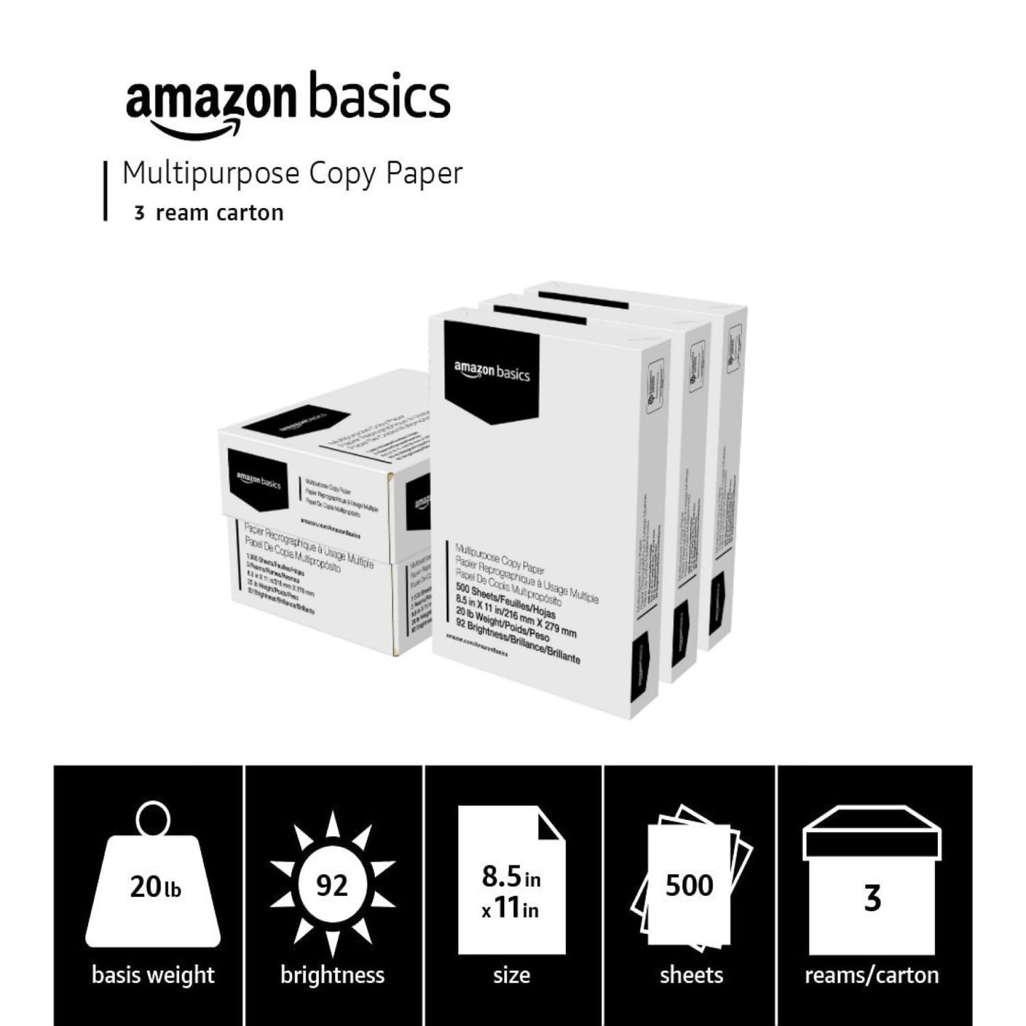 Amazon Basics Multipurpose Copy Printer Paper, 8.5" x 11", 20 lb, 3 Reams, 1500 Sheets, 92 Bright, White