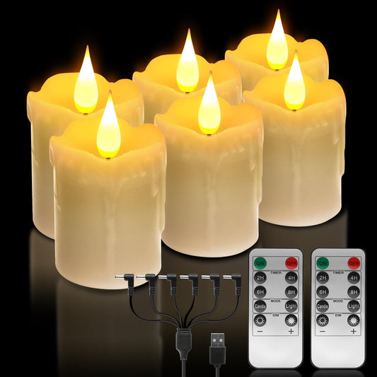 6 PCS Real Wax Rechargeable Flameless Warm White LED Candles,3D Wicks and Remote Control, D2 x H4”,Flickering Votive Battery Operated Tea Lights Candles with Timer,for Christmas,HalloweenDecor