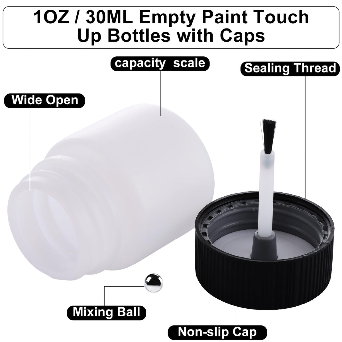 JMIATRY 50 Pack 1 OZ Paint Touch Up Bottles with Caps Empty Touch Up Bottle 1 Ounce (30ml) Touch Up Paint Container for Household or Automotive Paint, with Mixing Ball