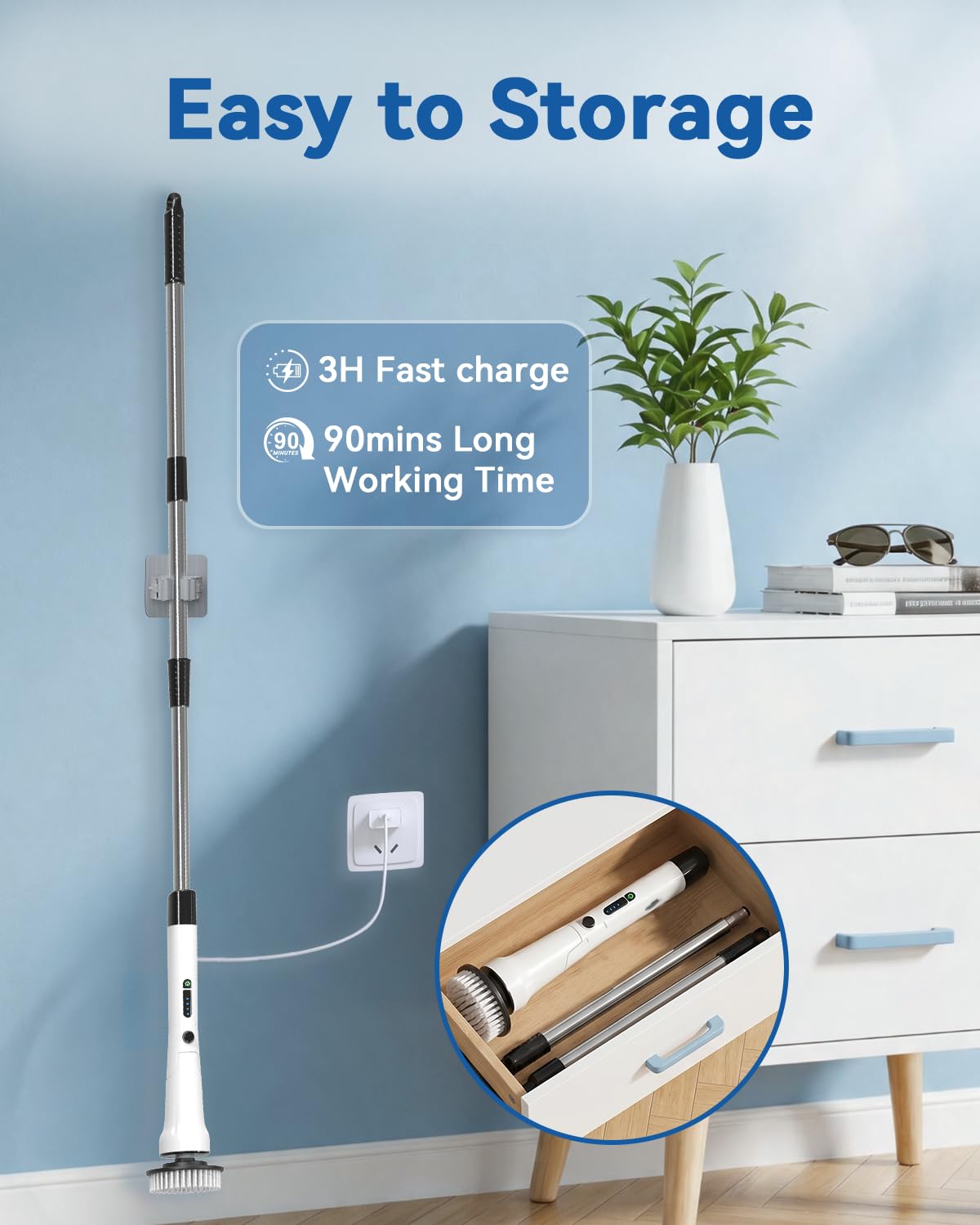 Electric Spin Scrubber, Hillyfe Power Shower Cleaning Brush with 8 Replaceable Brush Heads, IPX7 Waterproof, 2 Speeds (300/400 RPM) Electric Scrubber with Wall Mount Hook for Bathtub, Floor