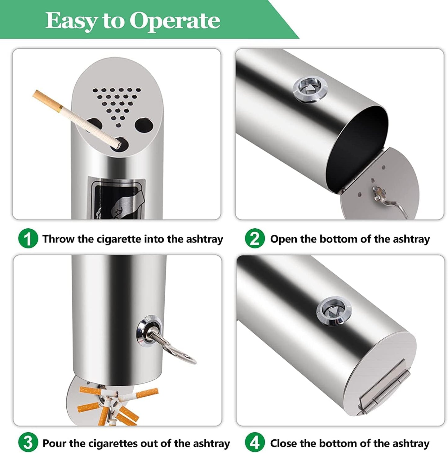2 Pcs Wall Mounted Trash Can Outdoor Waste Receptacle, Stainless Steel Cylinder Commercial Trash Bin Container for Patios, Restaurants, Bars, Hotels, Offices, Silver
