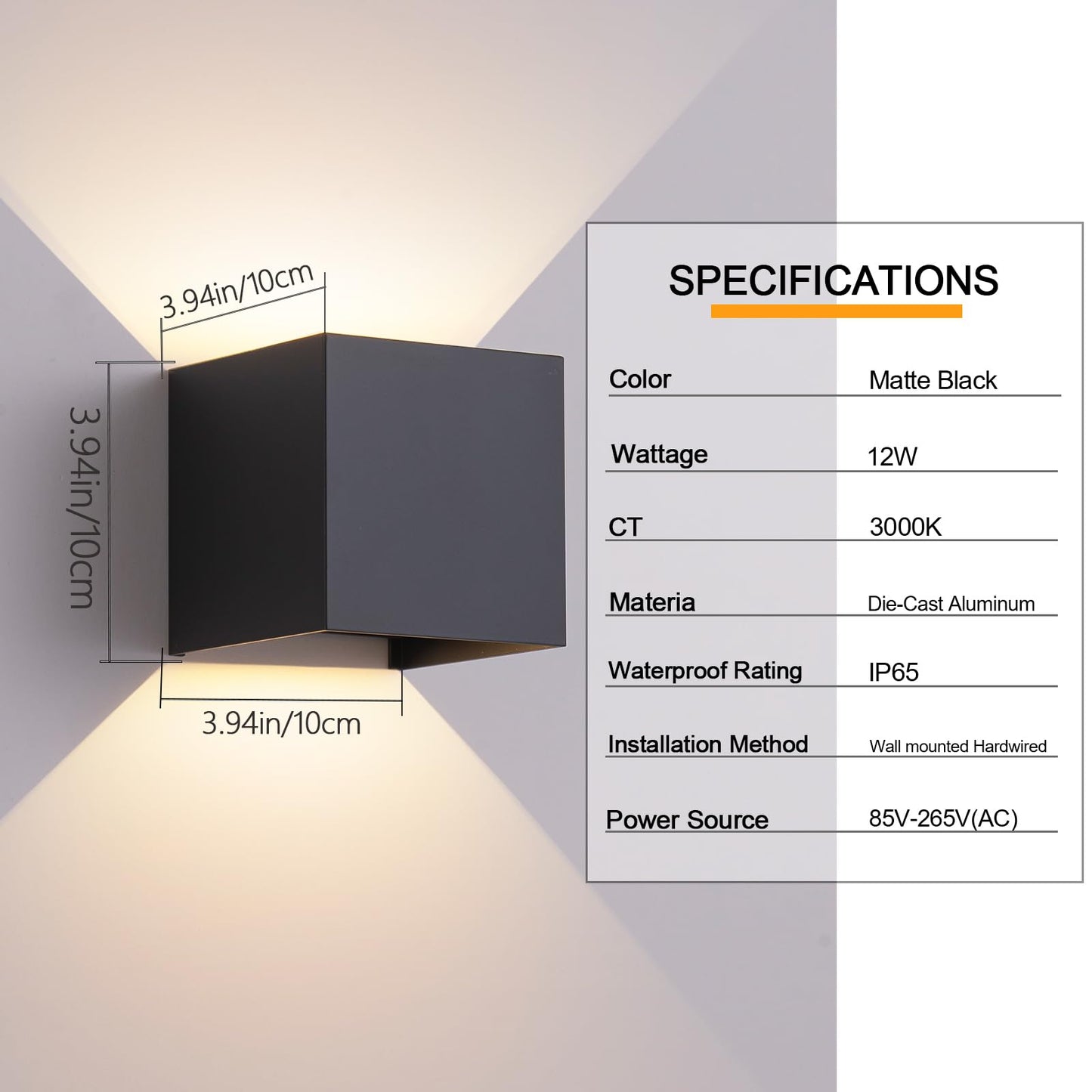 4 Pack Outdoor Wall Sconces Exterior/Interior LED Wall Lights,Square Modern Wall Sconce Fixture Set, Up and Down Lights IP65 Outdoor Waterproof Lights, 12W Warm Light 3000K Wall Light.