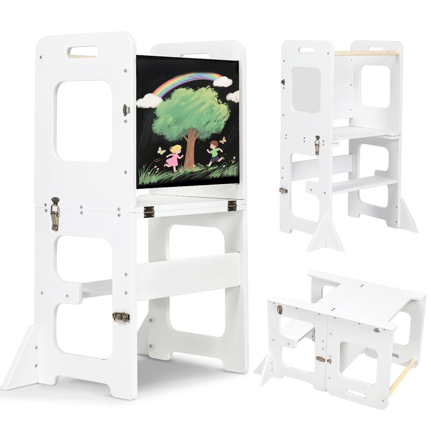 Toddler Standing Tower, Wooden Step Stool for Kids Learning Standing Tower 2-in-1 Kitchen Stool Helper with Chalkboard Montessori and Waldorf Helper for Livingroom Playroom (White Style)
