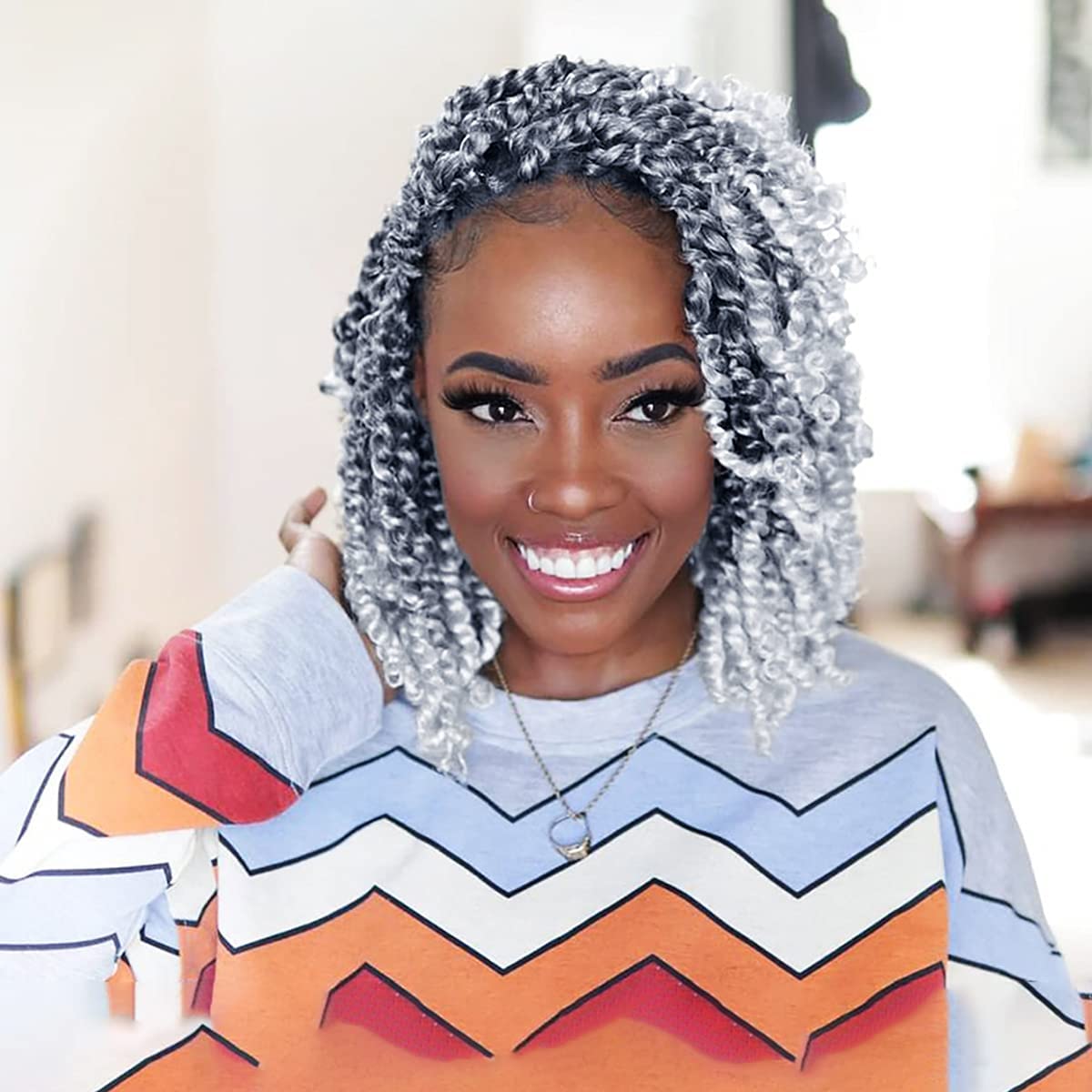 8 Packs Pre-twisted Passion Twist Crochet Hair for Black Women, 8 Inch Passion Twist Hair, Pre-looped Crochet Braids Bohemian Hair Synthetic Braiding Hair Extensions (12Strands/Pack,TGrey#)