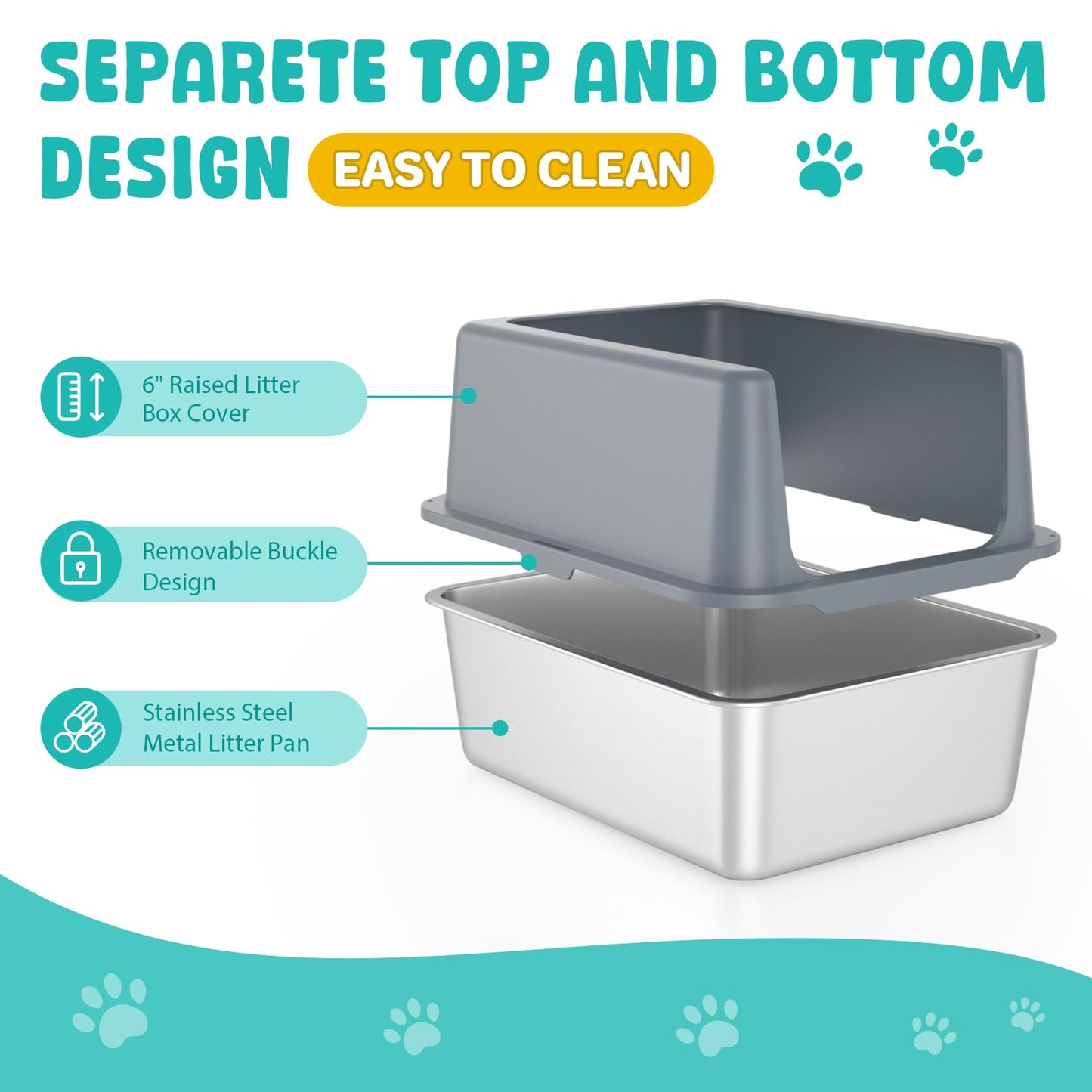 LIHOOOOM Stainless Steel Cat Litter Box,High Sided Enclosed Cat Litter Box Anti-Leakage,Non-Stick Litter Box with Lid,17.5" L x 13.5" W x 12" H(Grey)