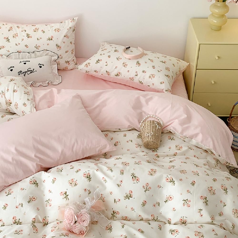 Erwinmu Floral Duvet Cover Set Queen Size,White Pink Floral Flowers Bedding Duvet Cover with Zipper Closure,Soft Microfiber Comforter Cover 90"x90" and 2 Pillowcases 20"x30"