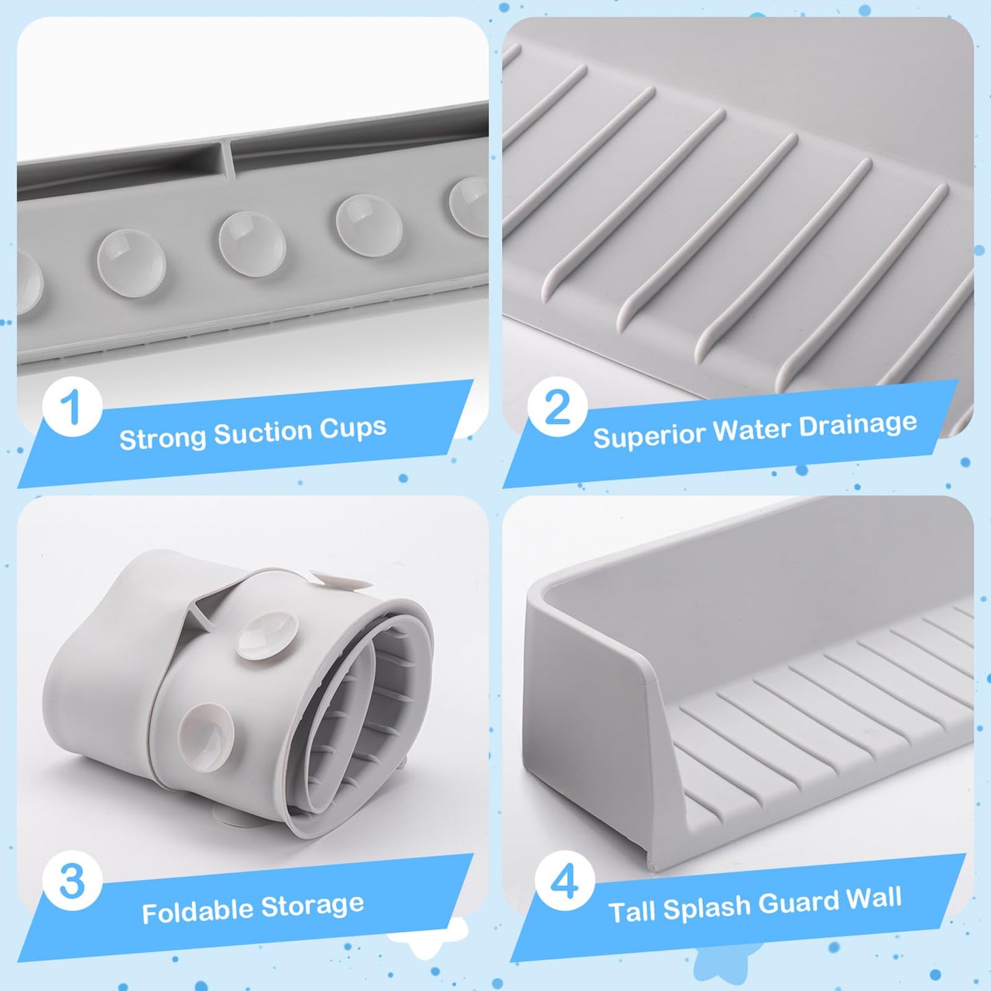 Silicone Bath Tub Splash Guard with 11 Suction Cups, Longer Bathtub Edge Extender Shelf, Bath Tray Holder (1, Gray-80cm)