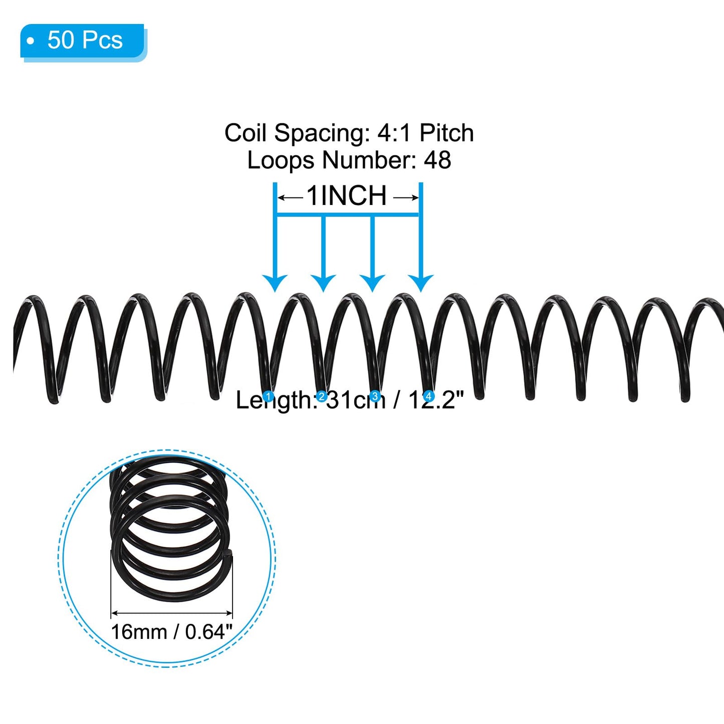 PATIKIL 16mm(5/8") Plastic Spiral Binding Coils, 50 Pcs Binding Spirals 140 Sheet Capacity 4:1 Pitch Binding Spirals for Binding Paper Sheets, Black
