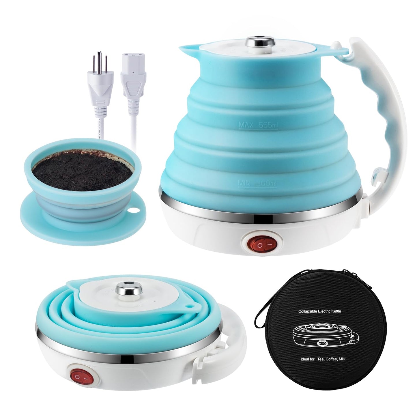 Travel Foldable Electric Kettle Portable Food Grade Silicone Collapsible Kettle 110-220V US Plug, 555ML Hot Water Boiler & Camping Silicone Collapsible Pour Over Coffee Dripper Paperless Coffee Filter