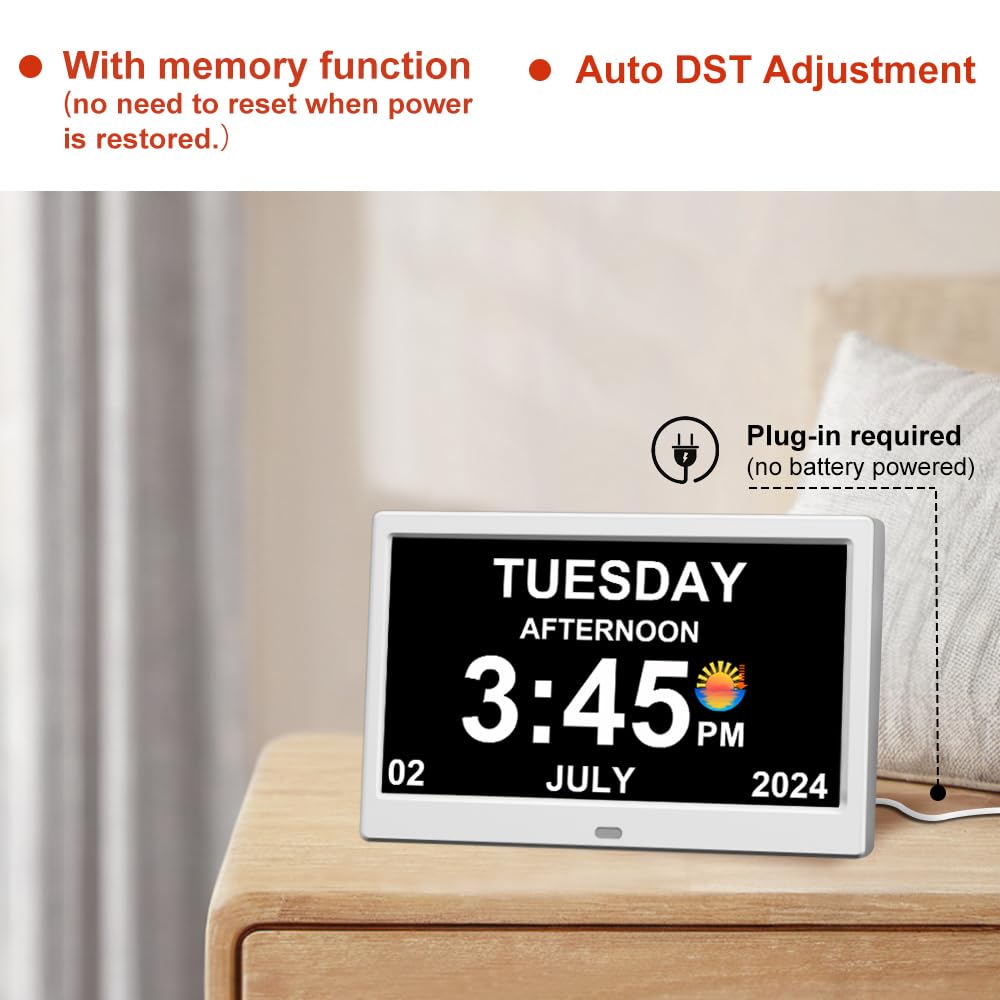 TIMEMOON Alarm Clock with Day and Date for Elderly Digital Calendar Clock Photo Frame- Auto Dimmable Display 15 Alarm Options (10inch White)