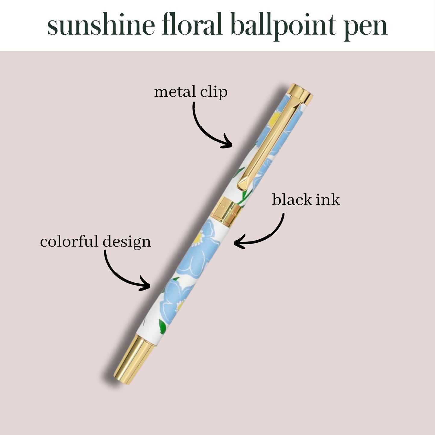 Kate Spade New York Black Ink Ballpoint Pen with Reusable Gift Box, Professional Office Pen for Women Accepts Standard Refills, Sunshine Floral